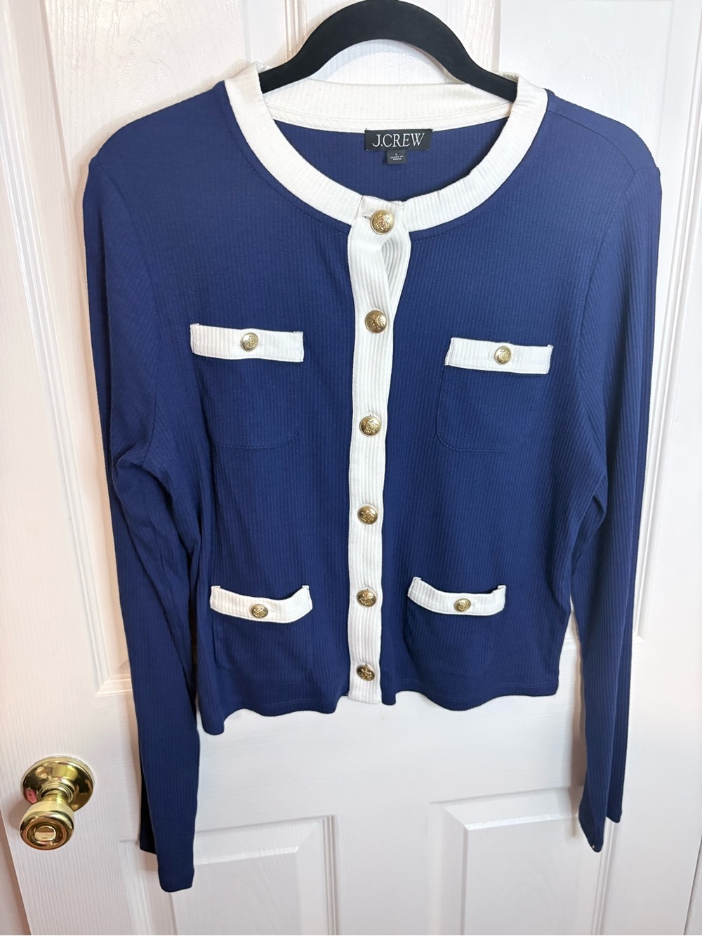 J.Crew Vintage Rib Lady Jacket Cardigan L Dark Evening Blue Gold Buttons - Picture 2 of 10